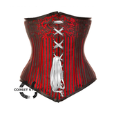 Red Brocade Double Boned Front Ribbon Long Underbust Steampunk Corset
